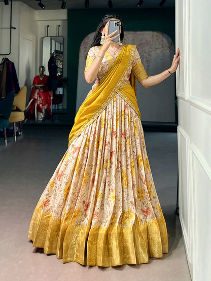 Lorenvalley Fashion Yellow Dola Chex Floral Printed With Zari Weaving Work Lehenga Choli With Dupatta