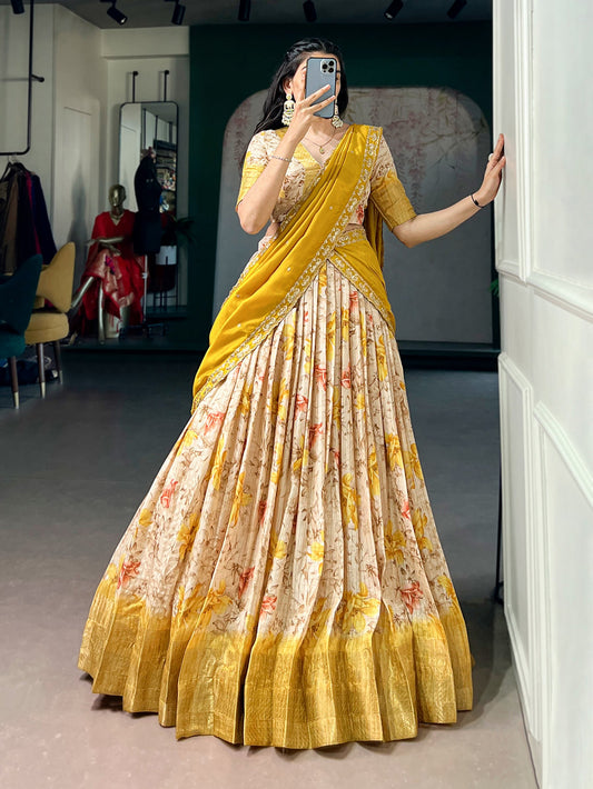 Lorenvalley Fashion Yellow Dola Chex Floral Printed With Zari Weaving Work Lehenga Choli With Dupatta