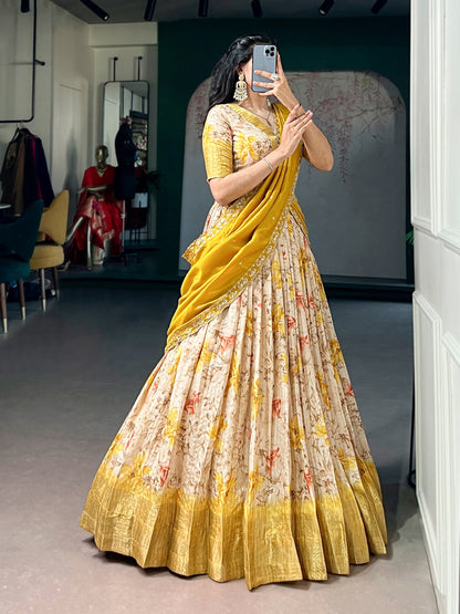 Lorenvalley Fashion Yellow Dola Chex Floral Printed With Zari Weaving Work Lehenga Choli With Dupatta