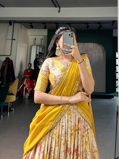 Lorenvalley Fashion Yellow Dola Chex Floral Printed With Zari Weaving Work Lehenga Choli With Dupatta