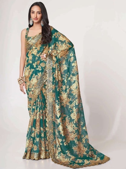Tulsi Art Bewitching Teal Blue Floral Printed Organza Party Wear Saree
