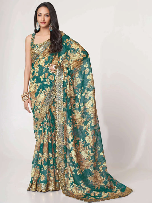 Tulsi Art Bewitching Teal Blue Floral Printed Organza Party Wear Saree