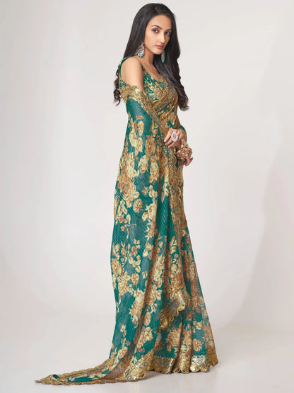 Tulsi Art Bewitching Teal Blue Floral Printed Organza Party Wear Saree