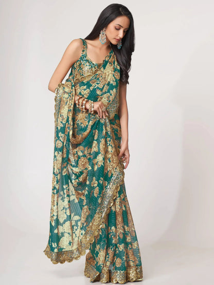 Tulsi Art Bewitching Teal Blue Floral Printed Organza Party Wear Saree