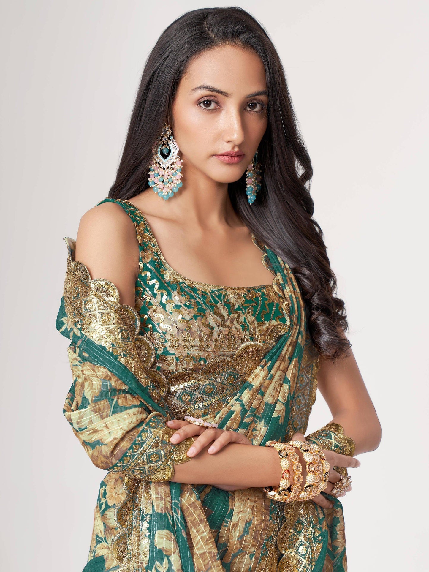 Tulsi Art Bewitching Teal Blue Floral Printed Organza Party Wear Saree