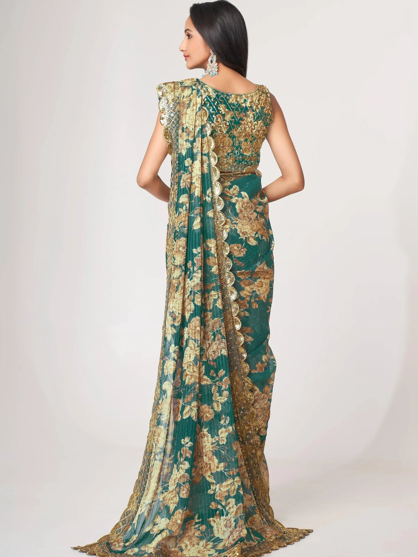Tulsi Art Bewitching Teal Blue Floral Printed Organza Party Wear Saree