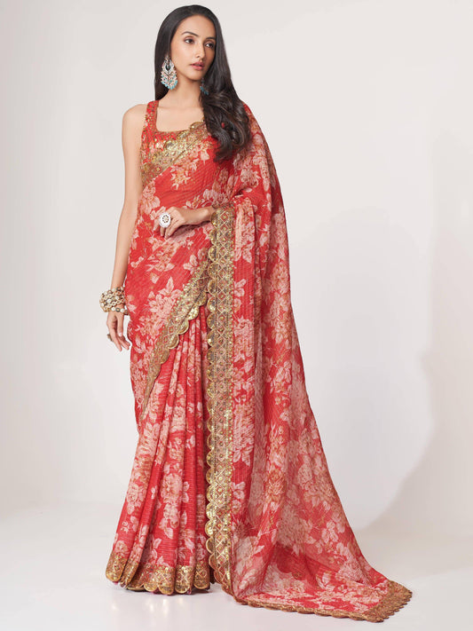 Tulsi Art Charming Red Floral Printed Organza Occasion Wear Saree
