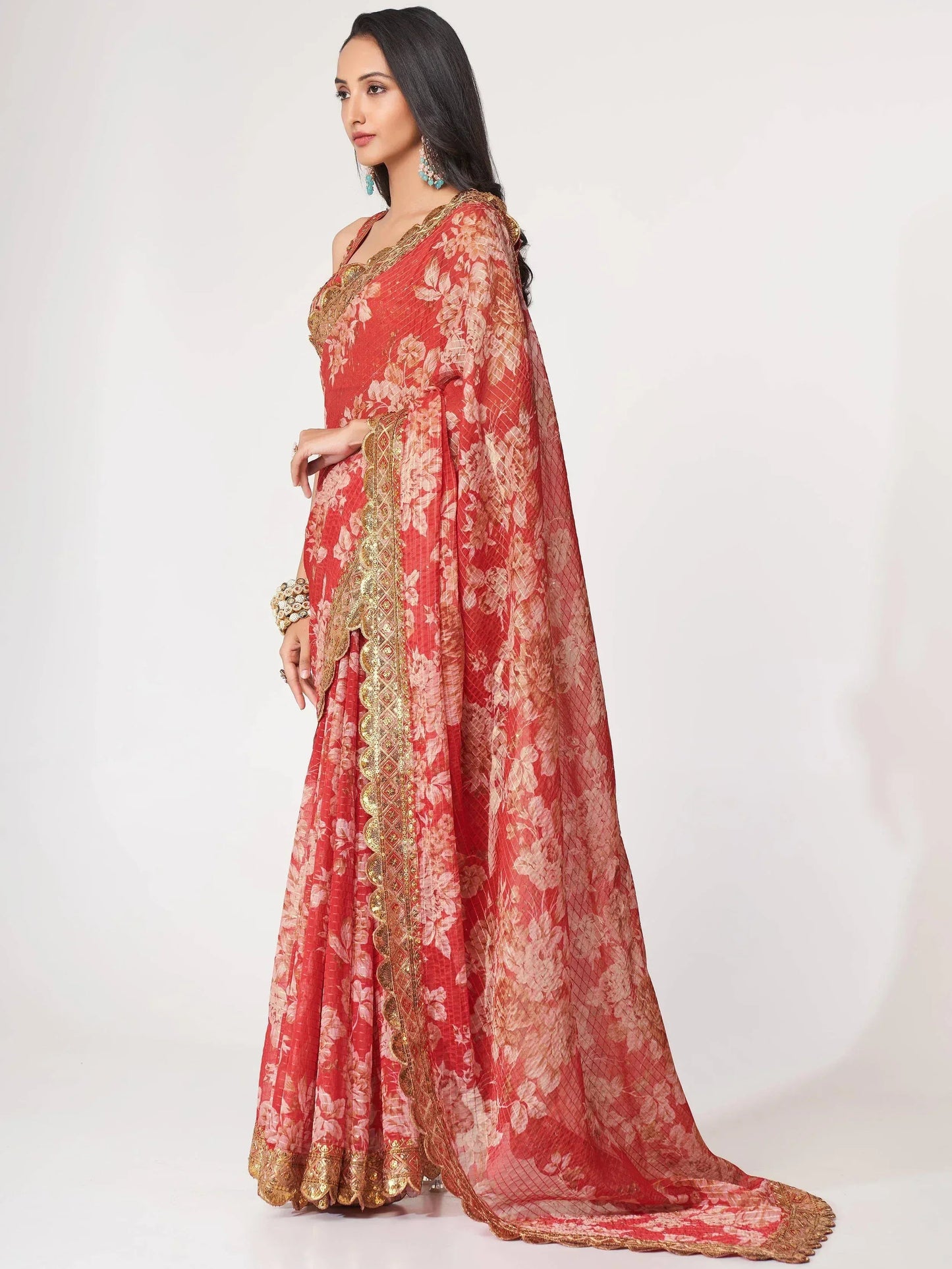Tulsi Art Charming Red Floral Printed Organza Occasion Wear Saree