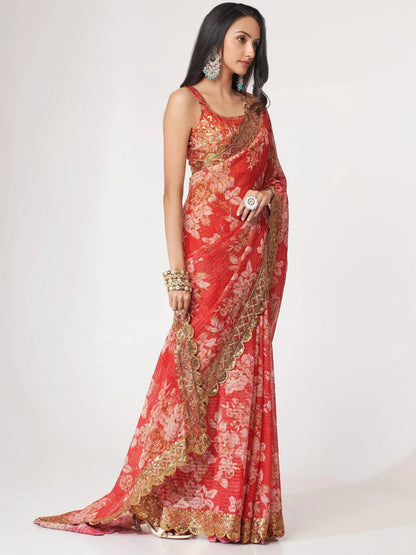 Tulsi Art Charming Red Floral Printed Organza Occasion Wear Saree