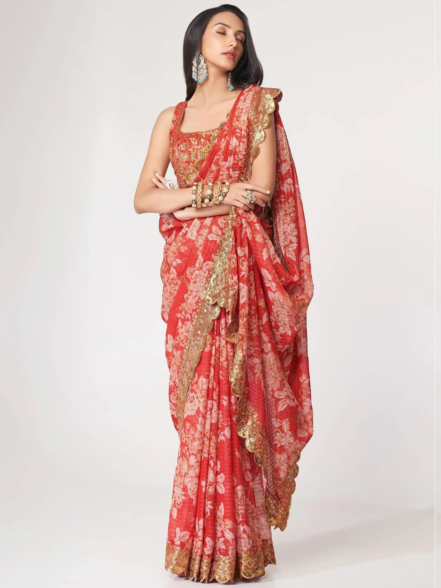 Tulsi Art Charming Red Floral Printed Organza Occasion Wear Saree