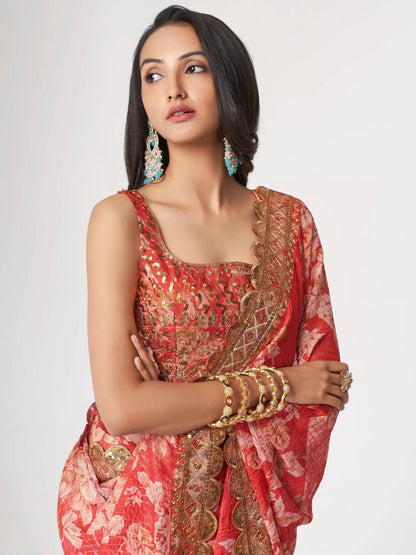 Tulsi Art Charming Red Floral Printed Organza Occasion Wear Saree