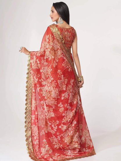 Tulsi Art Charming Red Floral Printed Organza Occasion Wear Saree