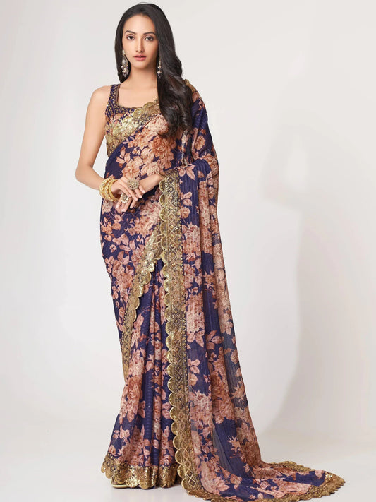 Tulsi Art Adorable Purple Floral Printed Organza Ceremony Wear Saree