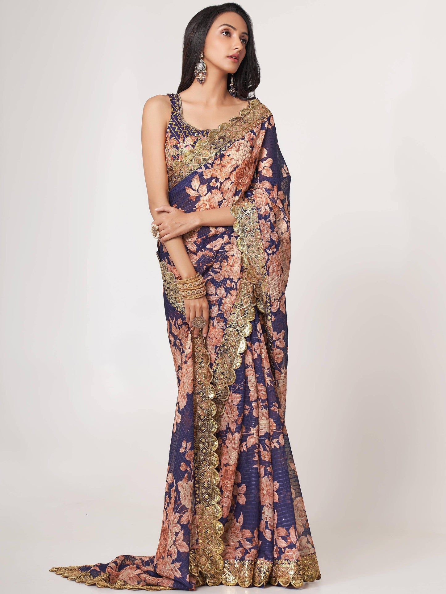Tulsi Art Adorable Purple Floral Printed Organza Ceremony Wear Saree