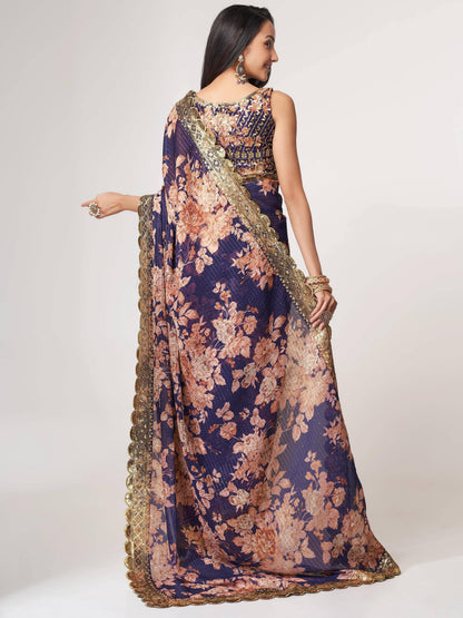 Tulsi Art Adorable Purple Floral Printed Organza Ceremony Wear Saree