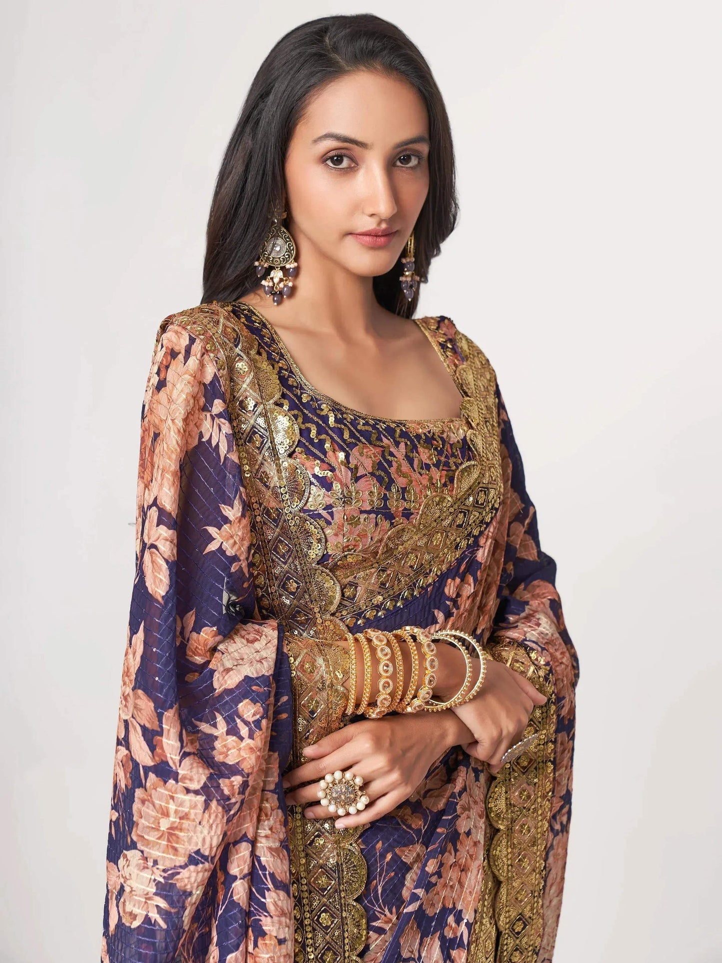 Tulsi Art Adorable Purple Floral Printed Organza Ceremony Wear Saree