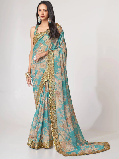 Tulsi Art Endearing Sky Blue Floral Printed Organza Carnival Wear Saree