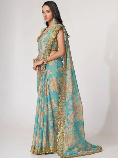 Tulsi Art Endearing Sky Blue Floral Printed Organza Carnival Wear Saree