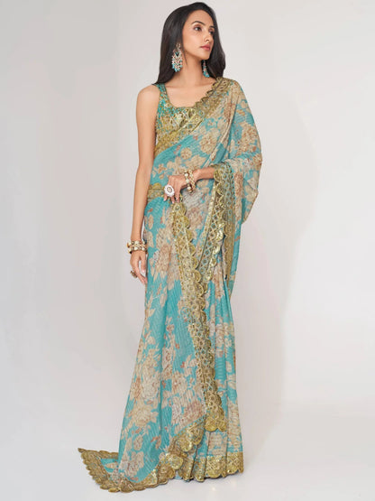 Tulsi Art Endearing Sky Blue Floral Printed Organza Carnival Wear Saree