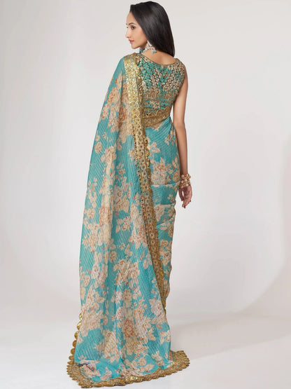 Tulsi Art Endearing Sky Blue Floral Printed Organza Carnival Wear Saree
