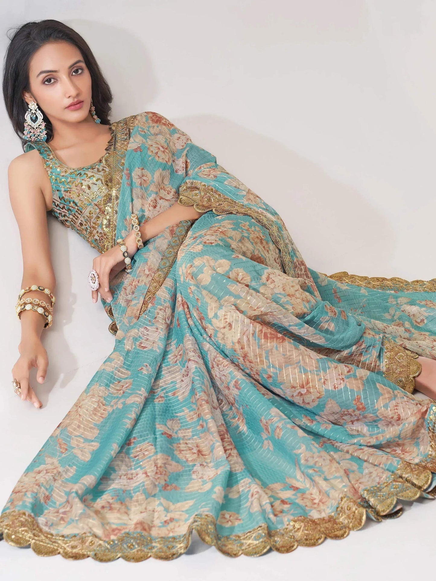 Tulsi Art Endearing Sky Blue Floral Printed Organza Carnival Wear Saree