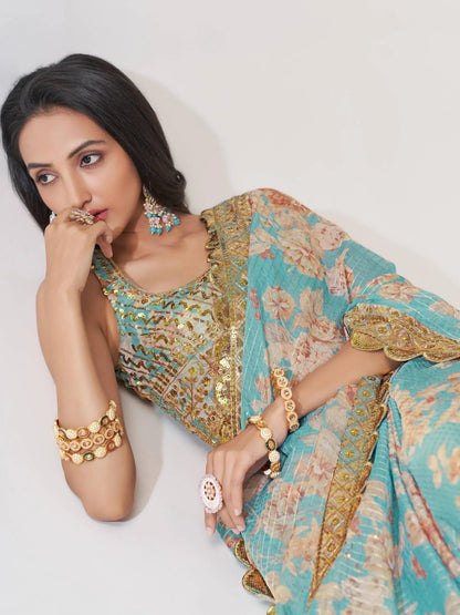Tulsi Art Endearing Sky Blue Floral Printed Organza Carnival Wear Saree