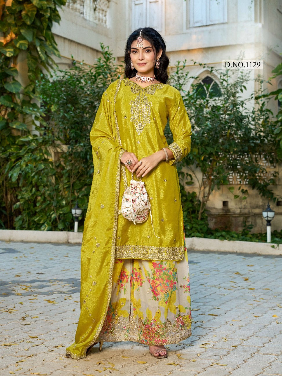 Anaita Mustard Chinon Stitched Plazzo Suit With Codding Dori & Sequence Work