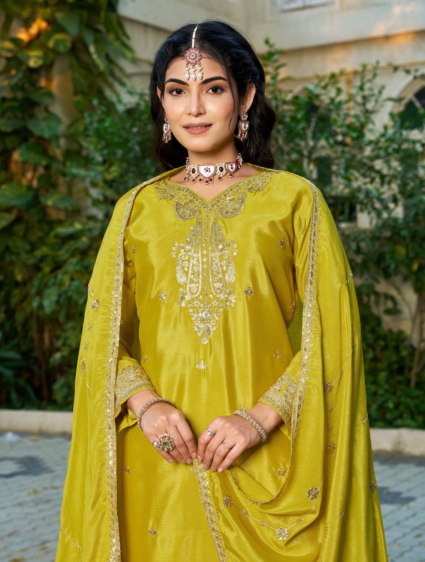 Anaita Mustard Chinon Stitched Plazzo Suit With Codding Dori & Sequence Work
