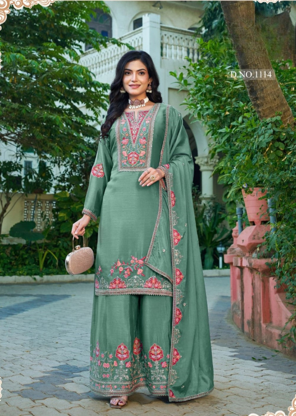 Anaita Sea Green Chinon Stitched Plazzo Suit With Codding Dori & Sequence Work