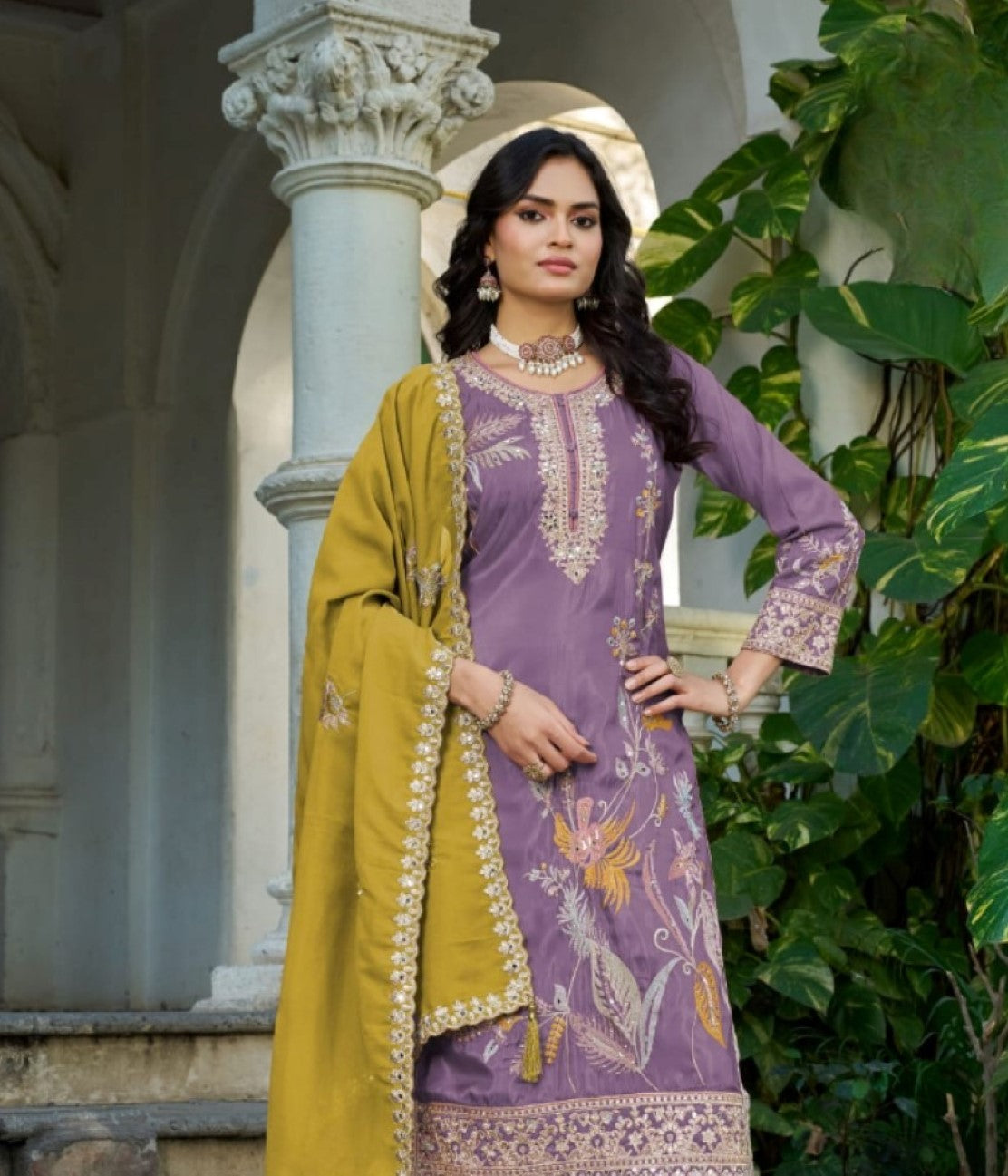 Anaita Purple Shimmer Stitched Plazzo Suit With Codding Dori & Sequence Work