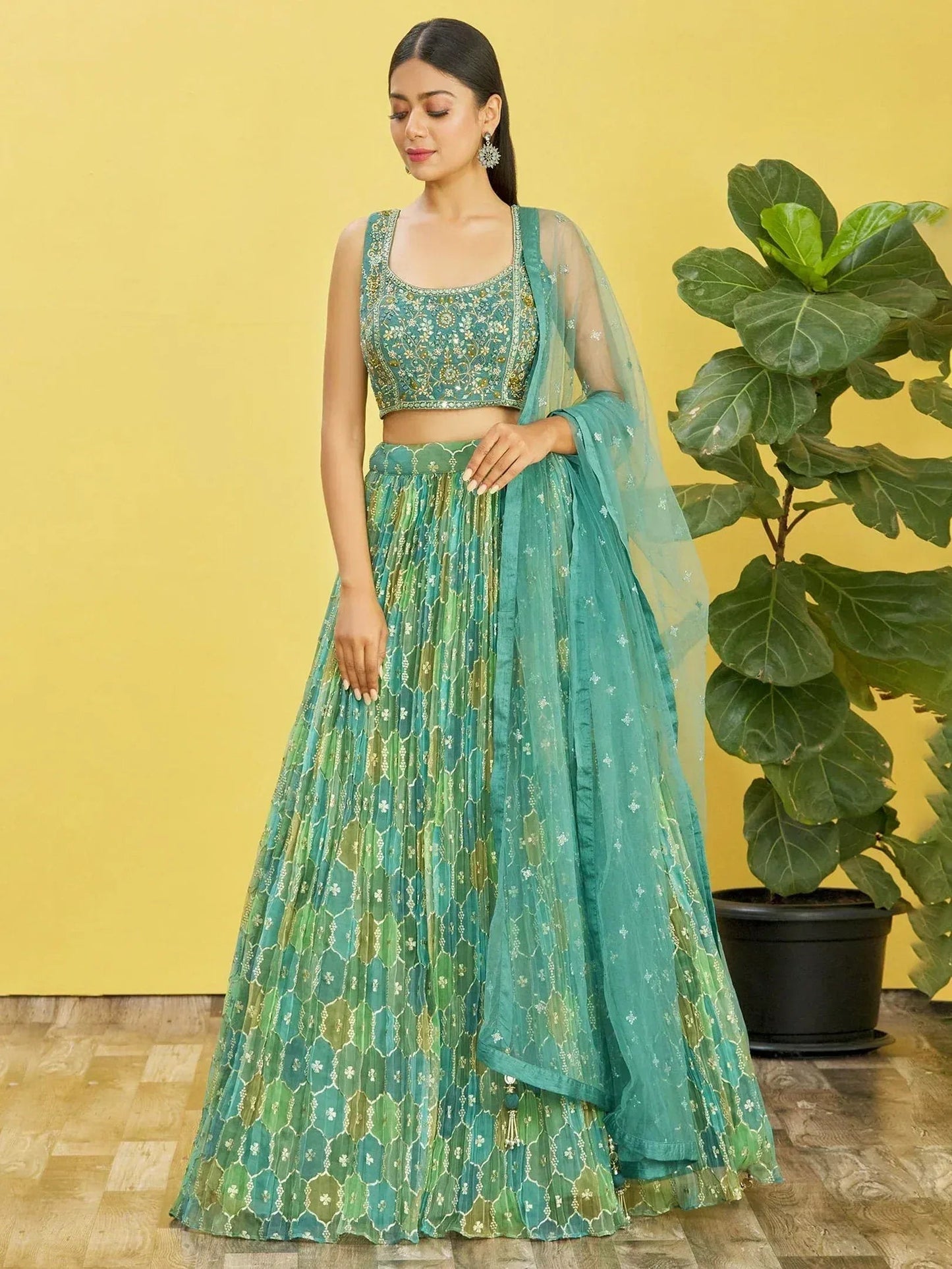 Tulsi Art Rockin Green Mirror Work Organza Mehndi Wear Lehenga Choli