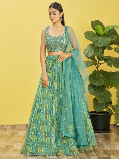 Tulsi Art Rockin Green Mirror Work Organza Mehndi Wear Lehenga Choli
