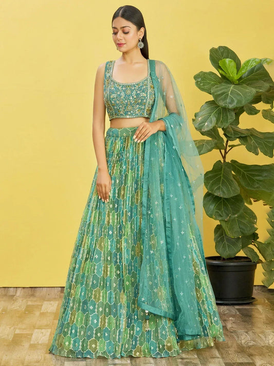 Tulsi Art Rockin Green Mirror Work Organza Mehndi Wear Lehenga Choli