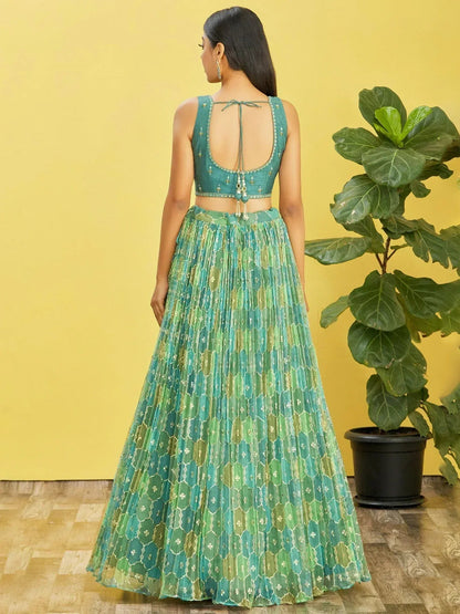 Tulsi Art Rockin Green Mirror Work Organza Mehndi Wear Lehenga Choli