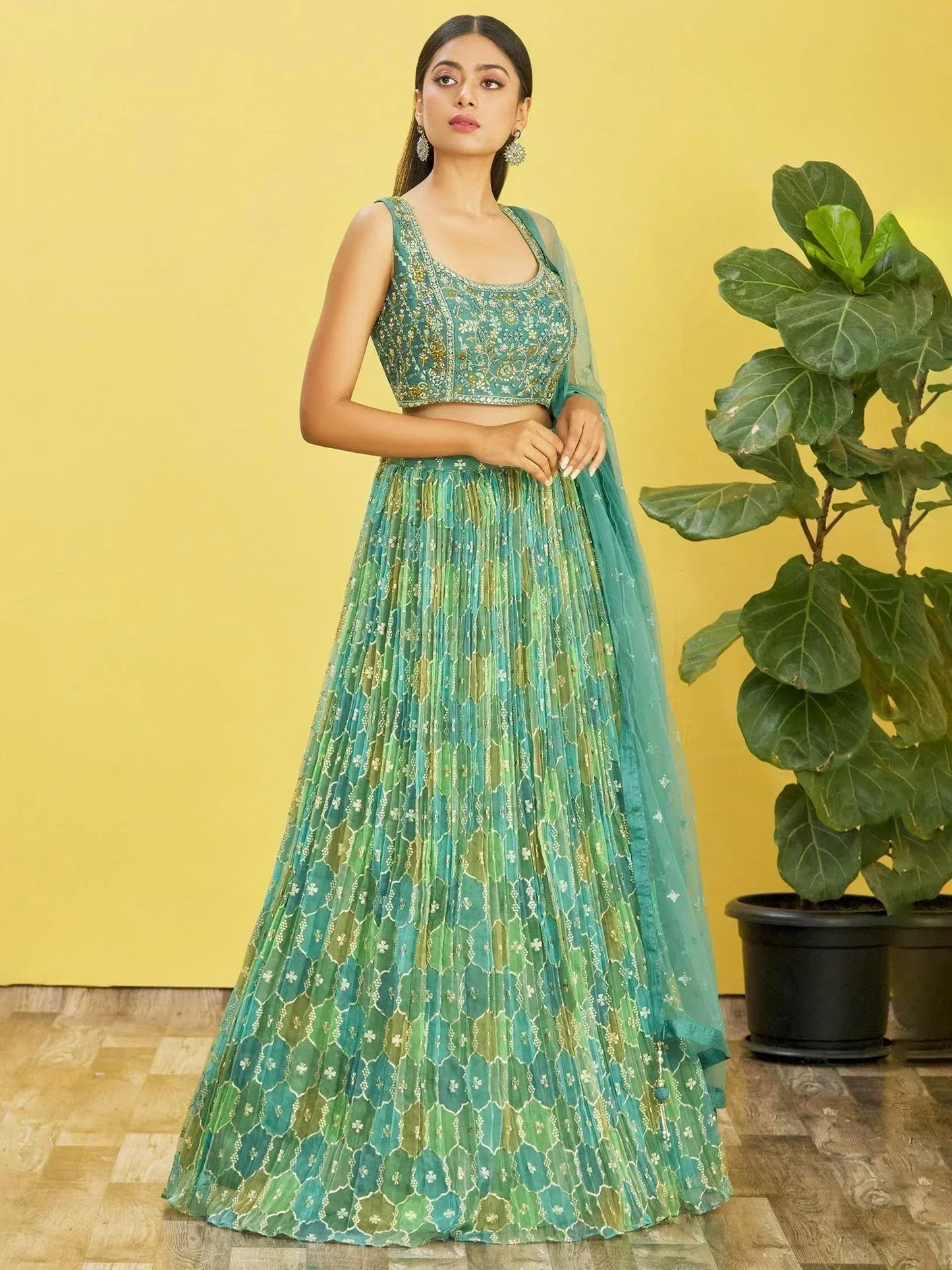 Tulsi Art Rockin Green Mirror Work Organza Mehndi Wear Lehenga Choli