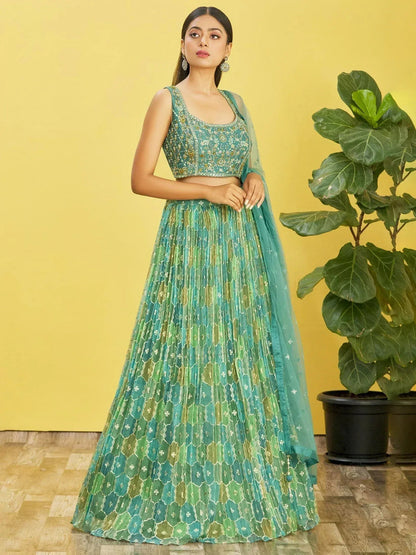 Tulsi Art Rockin Green Mirror Work Organza Mehndi Wear Lehenga Choli