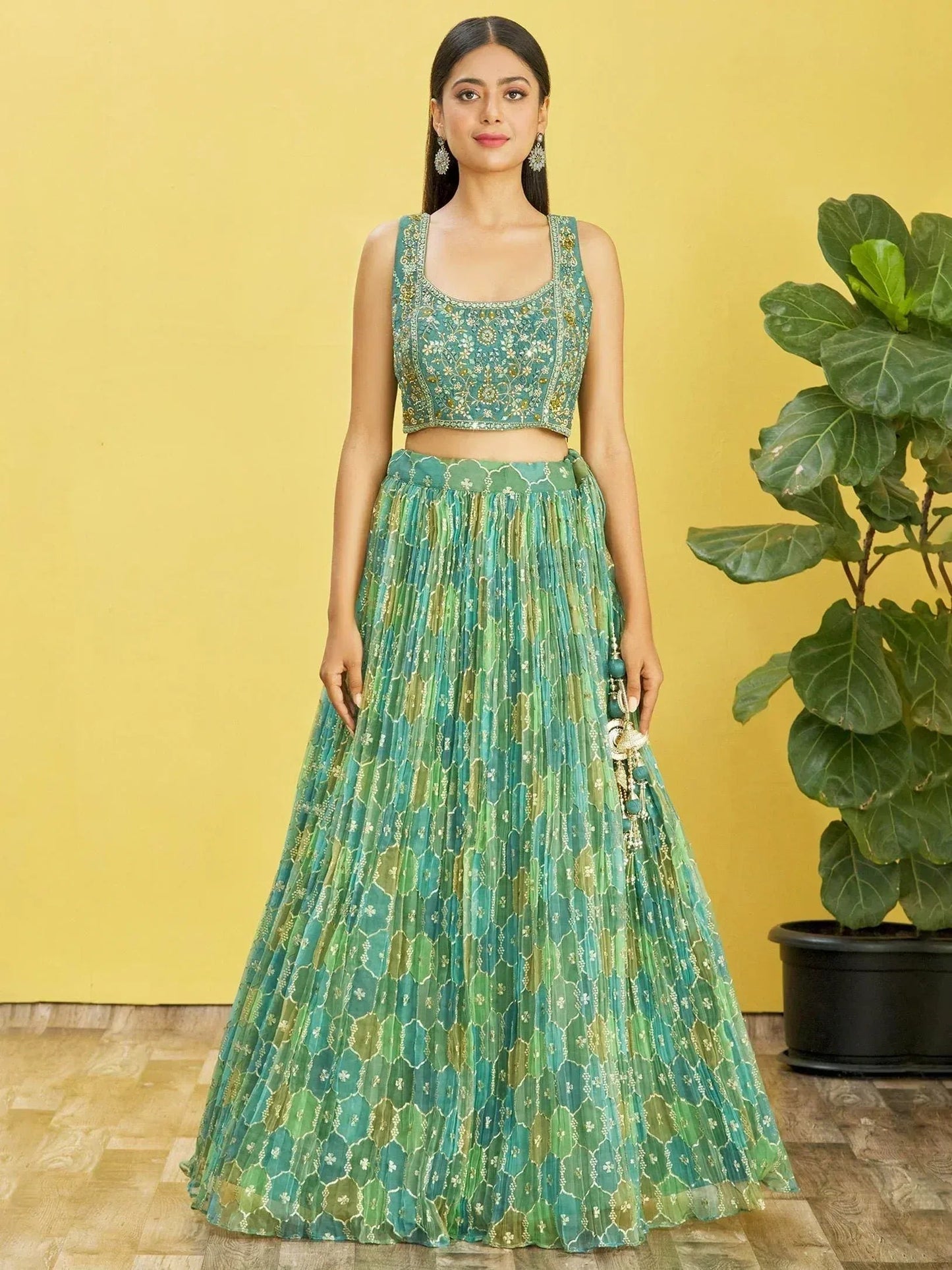 Tulsi Art Rockin Green Mirror Work Organza Mehndi Wear Lehenga Choli