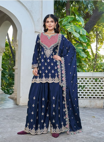 Anaita Navy Chinon Stitched Plazzo Suit With Dhaga & Sequence Work