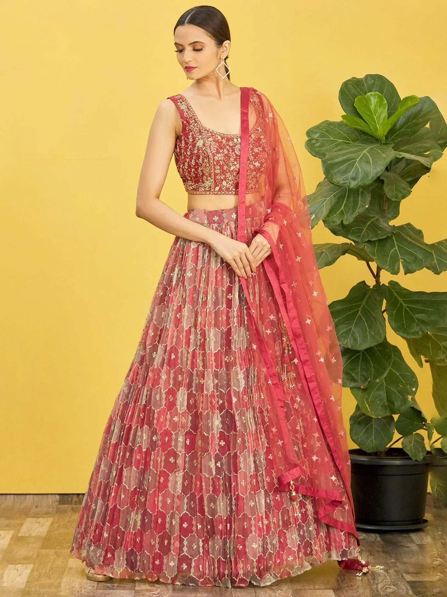Tulsi Art Elegance Brown Mirror Work Organza Festival Wear Lehenga Choli
