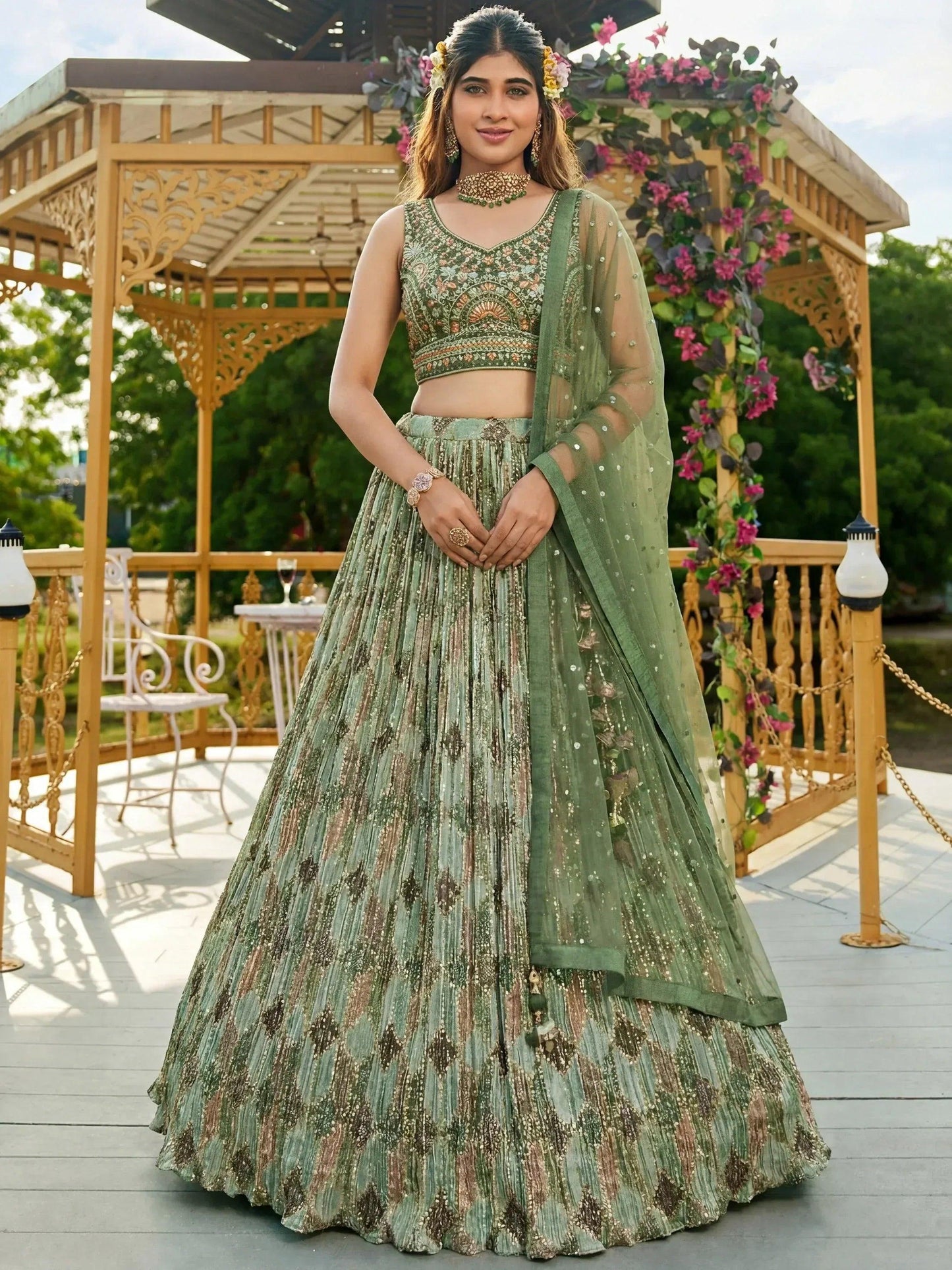 Tulsi Art Gorgeous Green Embroidered Chinon Function Wear Lehenga Choli