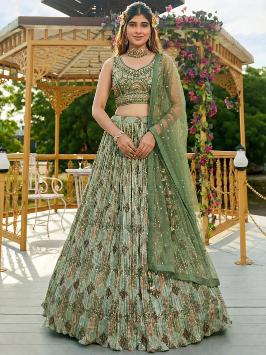 Tulsi Art Gorgeous Green Embroidered Chinon Function Wear Lehenga Choli