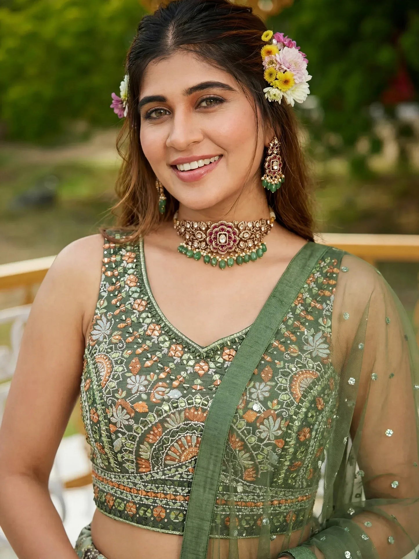 Tulsi Art Gorgeous Green Embroidered Chinon Function Wear Lehenga Choli