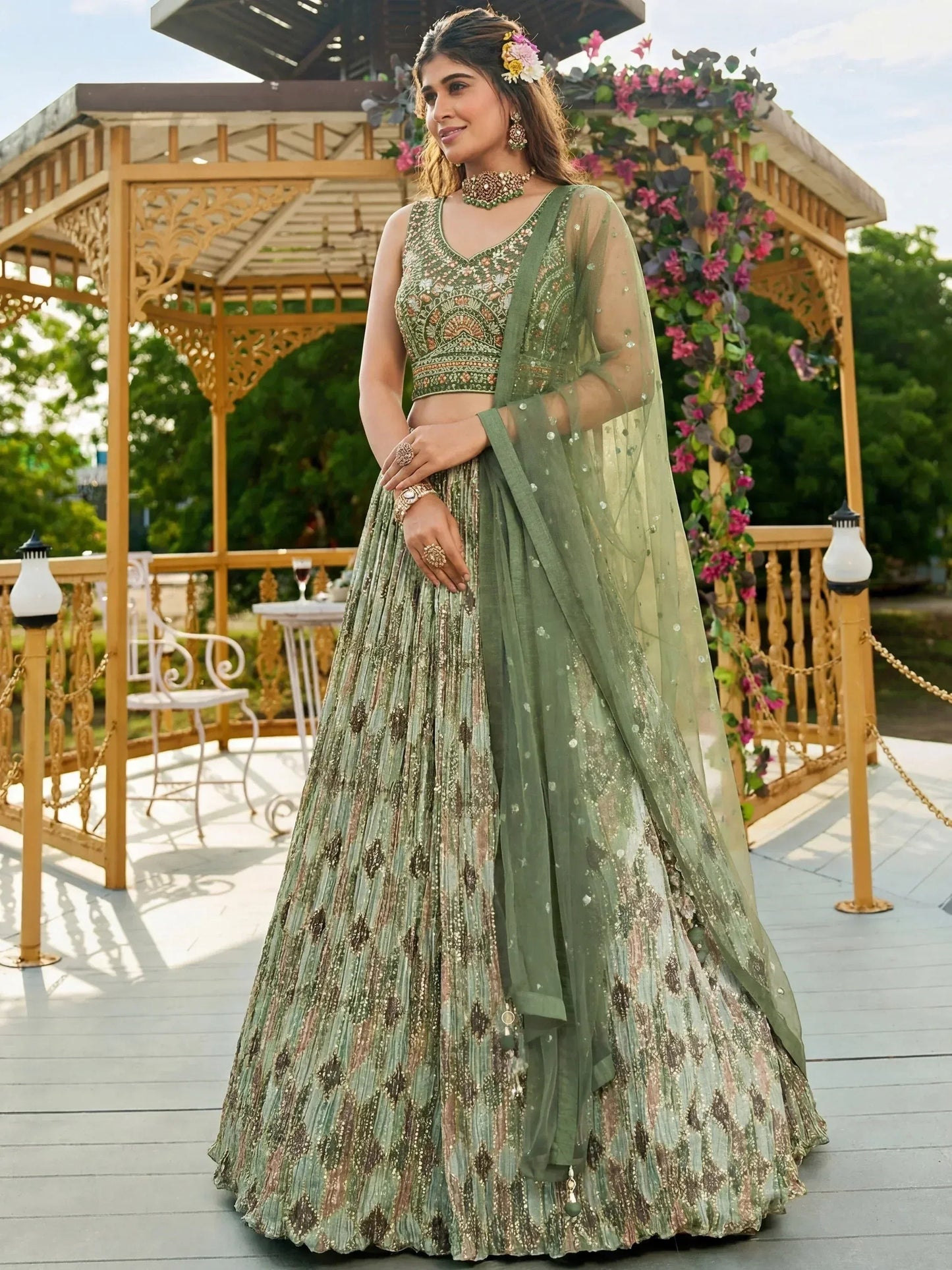 Tulsi Art Gorgeous Green Embroidered Chinon Function Wear Lehenga Choli