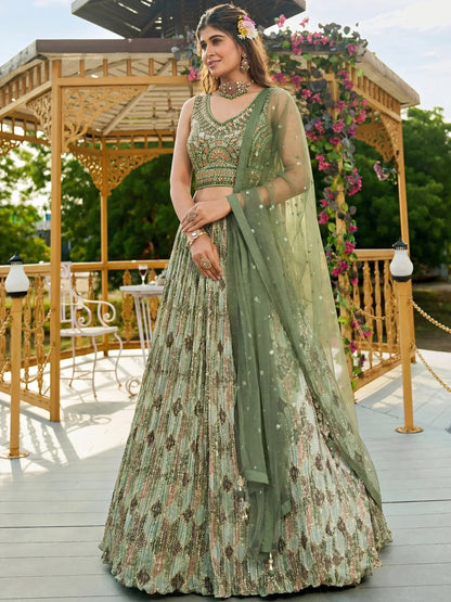 Tulsi Art Gorgeous Green Embroidered Chinon Function Wear Lehenga Choli