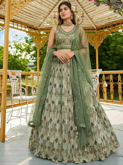 Tulsi Art Gorgeous Green Embroidered Chinon Function Wear Lehenga Choli