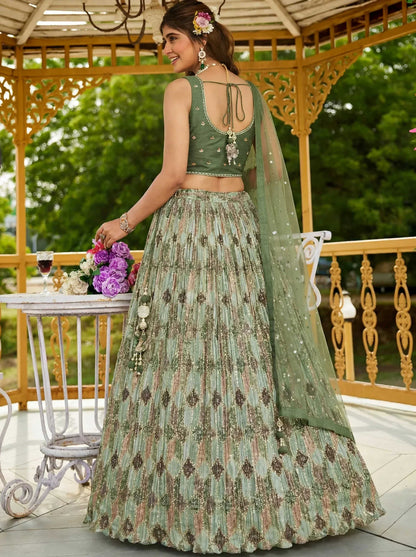 Tulsi Art Gorgeous Green Embroidered Chinon Function Wear Lehenga Choli