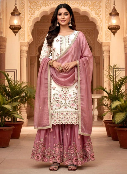 Anaita White Silk Readymade Suit with Embroidery & Sequence Work