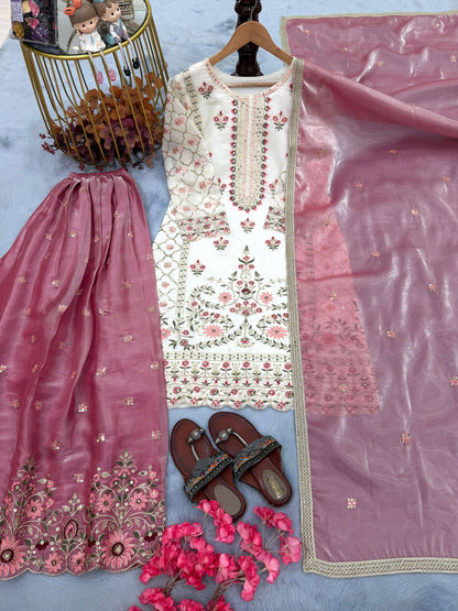 Anaita White Silk Readymade Suit with Embroidery & Sequence Work