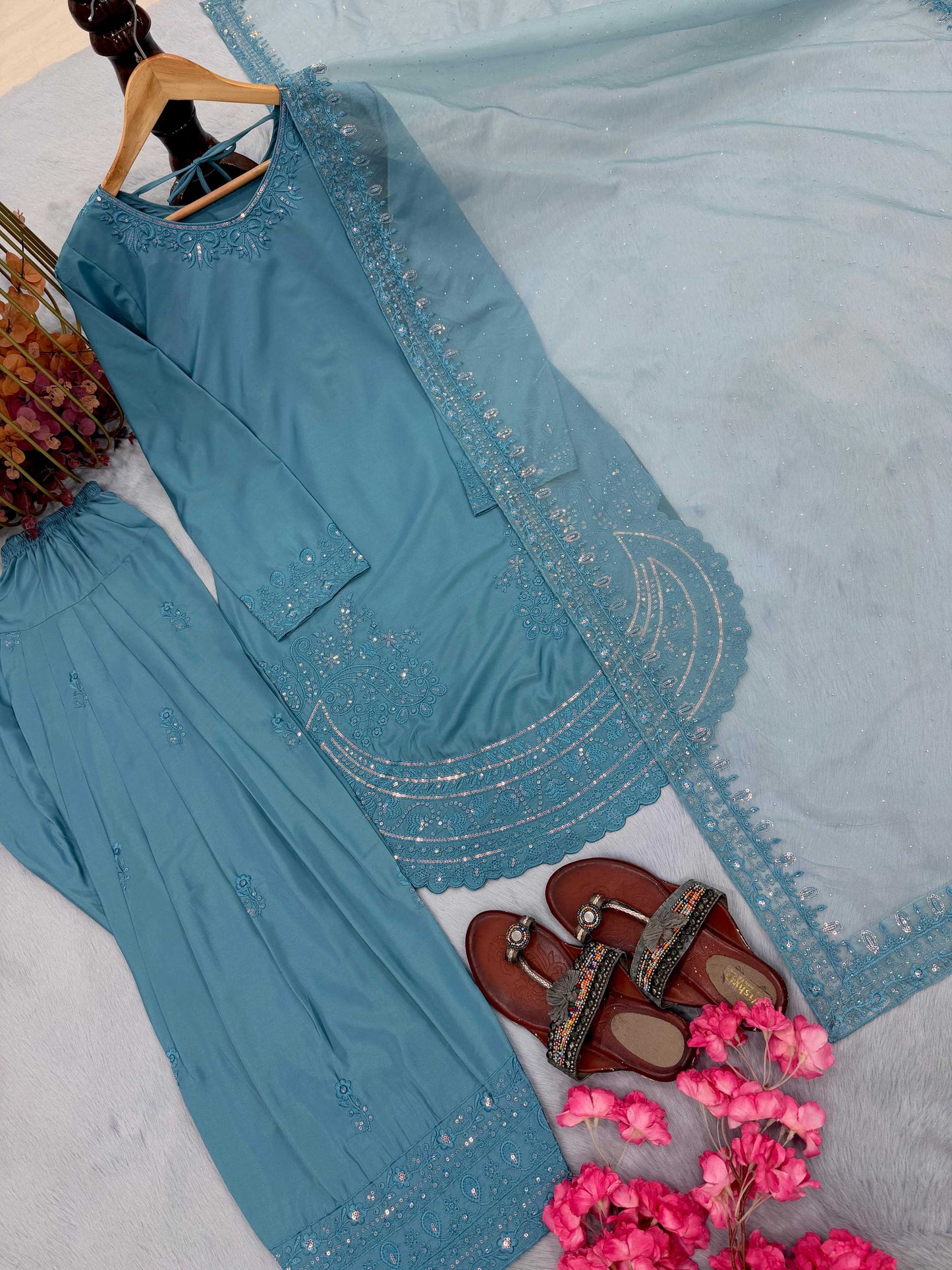 Anaita Blue Crepe Readymade Suit with Embroidery & Sequence Work