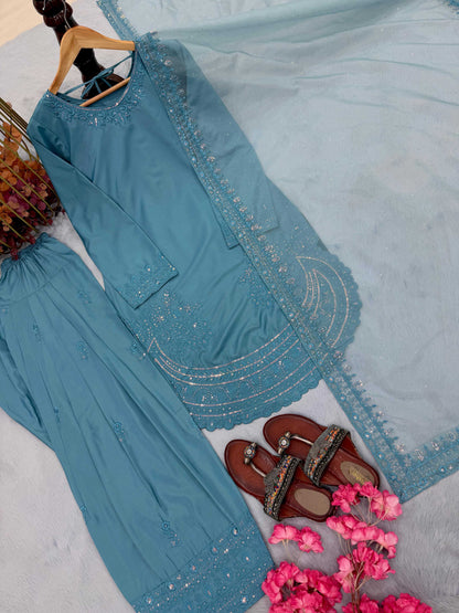 Anaita Blue Crepe Readymade Suit with Embroidery & Sequence Work